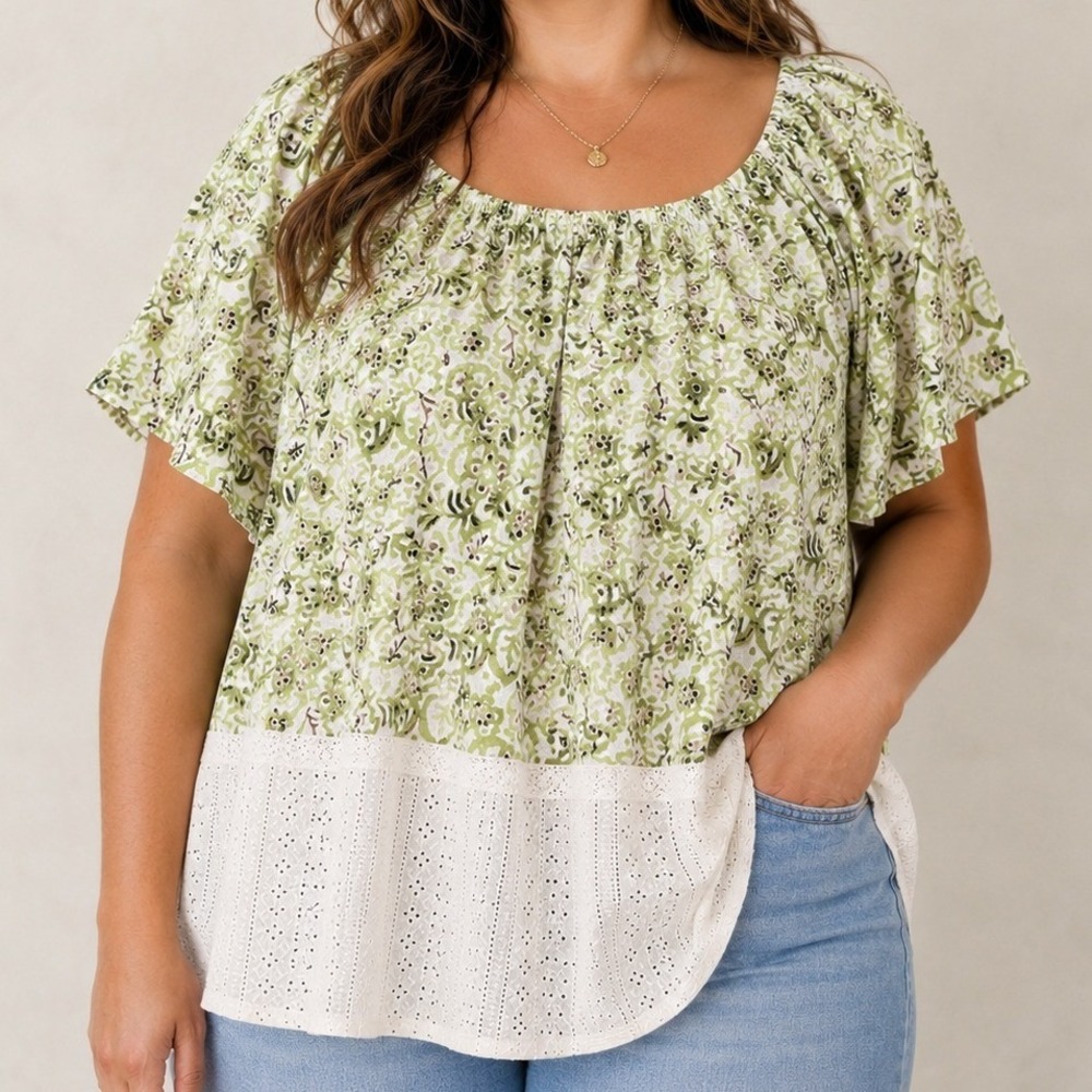 Boho Peasant Tunic Top Women's 18/20W Green Floral Crochet Hem Plus Size Blouse